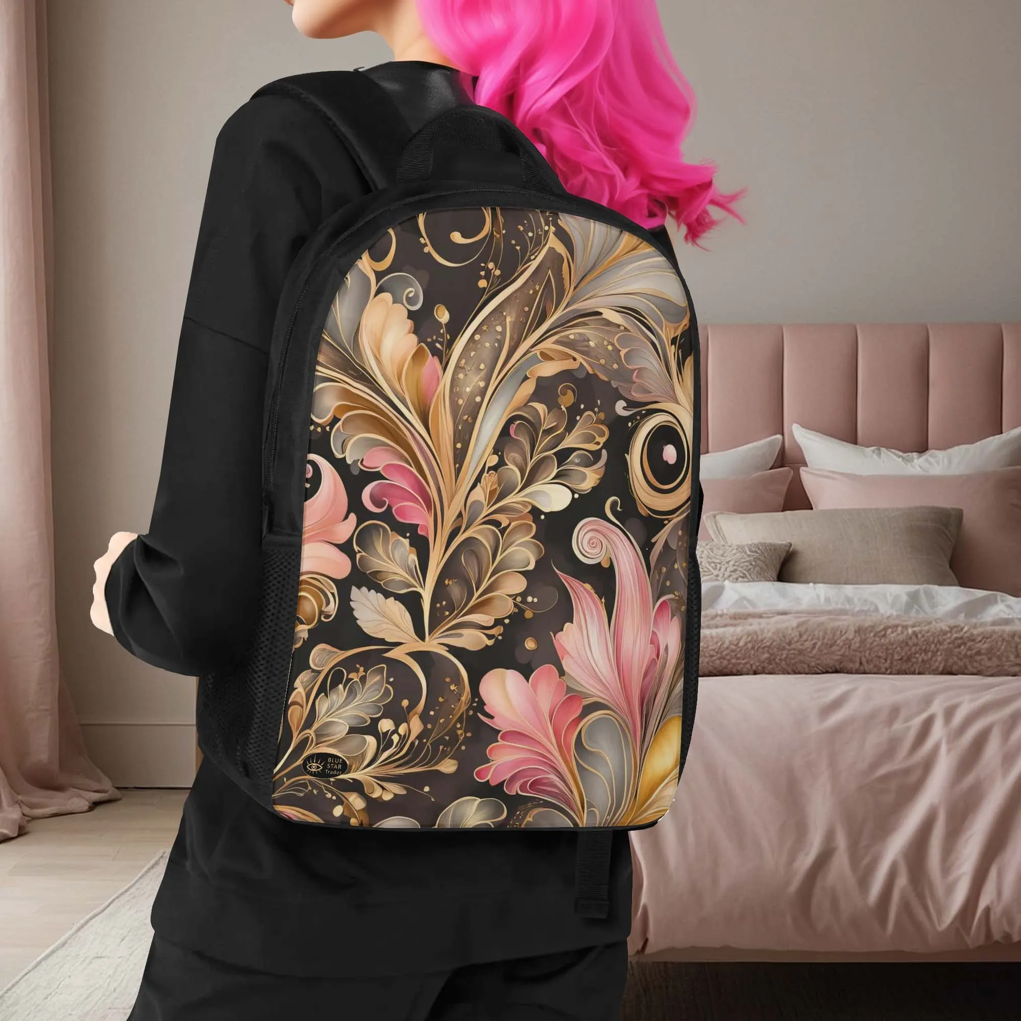 Elegant Pink Floral Feather 17 Inch Laptop Backpack