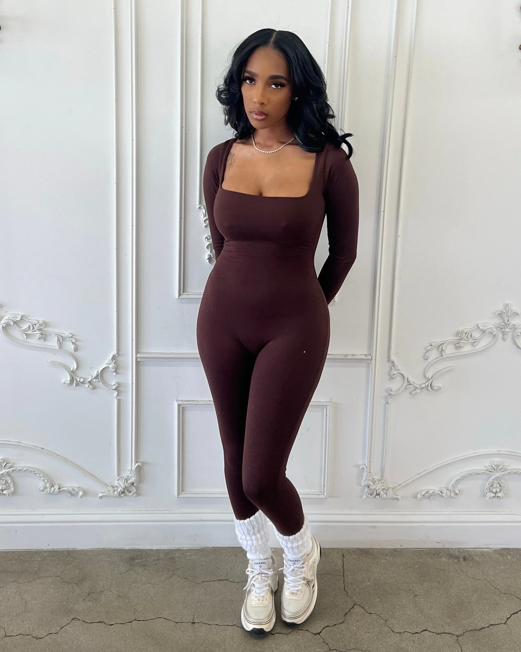 Elevated BAESICS : Square Neck Jumpsuit : (Chocolate)