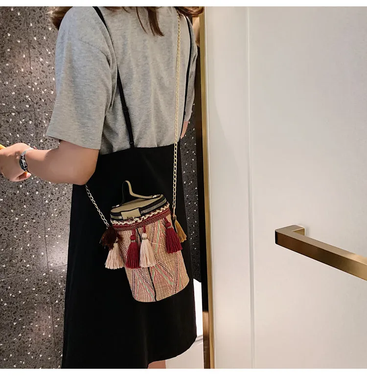 Fashion Bag Trend Chain Bucket Bag Hand Bag Shoulder Bag Girl National Wind Messenger Bag