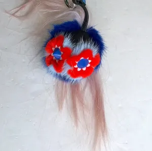 Fendi Flowery Red and Blue Fur Bag Charm handbag keychain