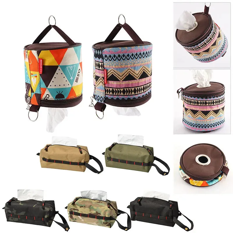 Foldable Ethnic Style Hanging Camping Toilet Paper Holder - Portable and Stylish Outdoor Storage Box for Camping and Hiking