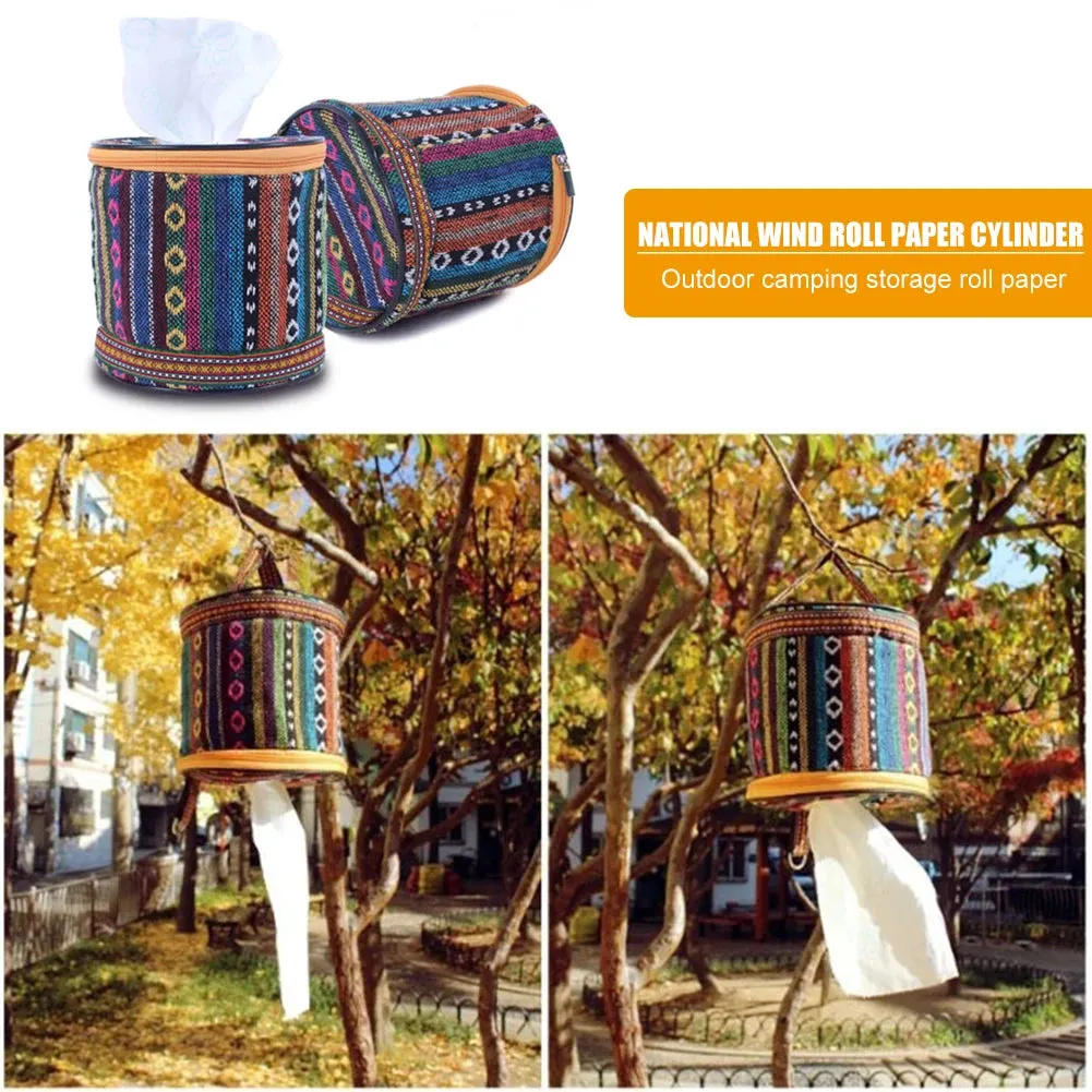 Foldable Ethnic Style Hanging Camping Toilet Paper Holder - Portable and Stylish Outdoor Storage Box for Camping and Hiking