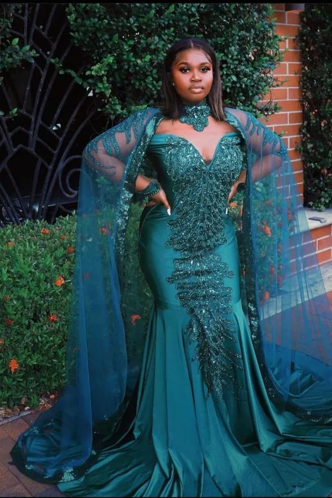 Gorgeous Mermaid Evening Gowns Long Sleeves Appliques Floor Length Cape