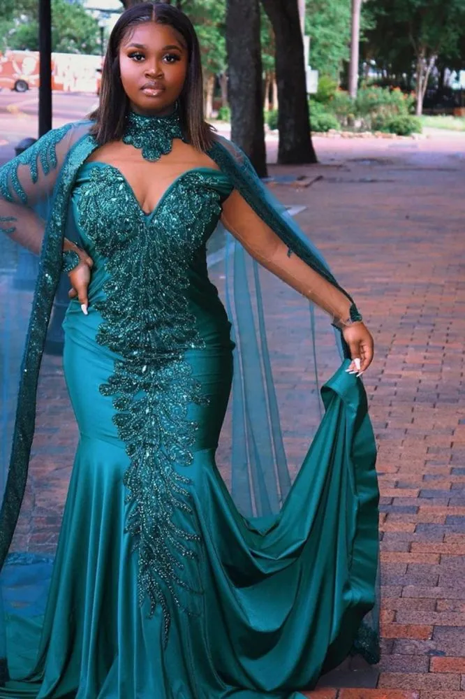 Gorgeous Mermaid Evening Gowns Long Sleeves Appliques Floor Length Cape