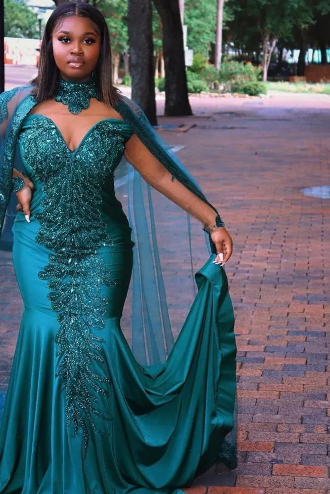 Gorgeous Mermaid Evening Gowns Long Sleeves Appliques Floor Length Cape