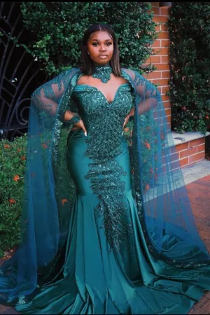 Gorgeous Mermaid Evening Gowns Long Sleeves Appliques Floor Length Cape