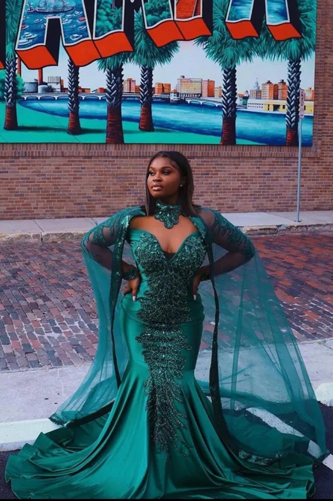 Gorgeous Mermaid Evening Gowns Long Sleeves Appliques Floor Length Cape