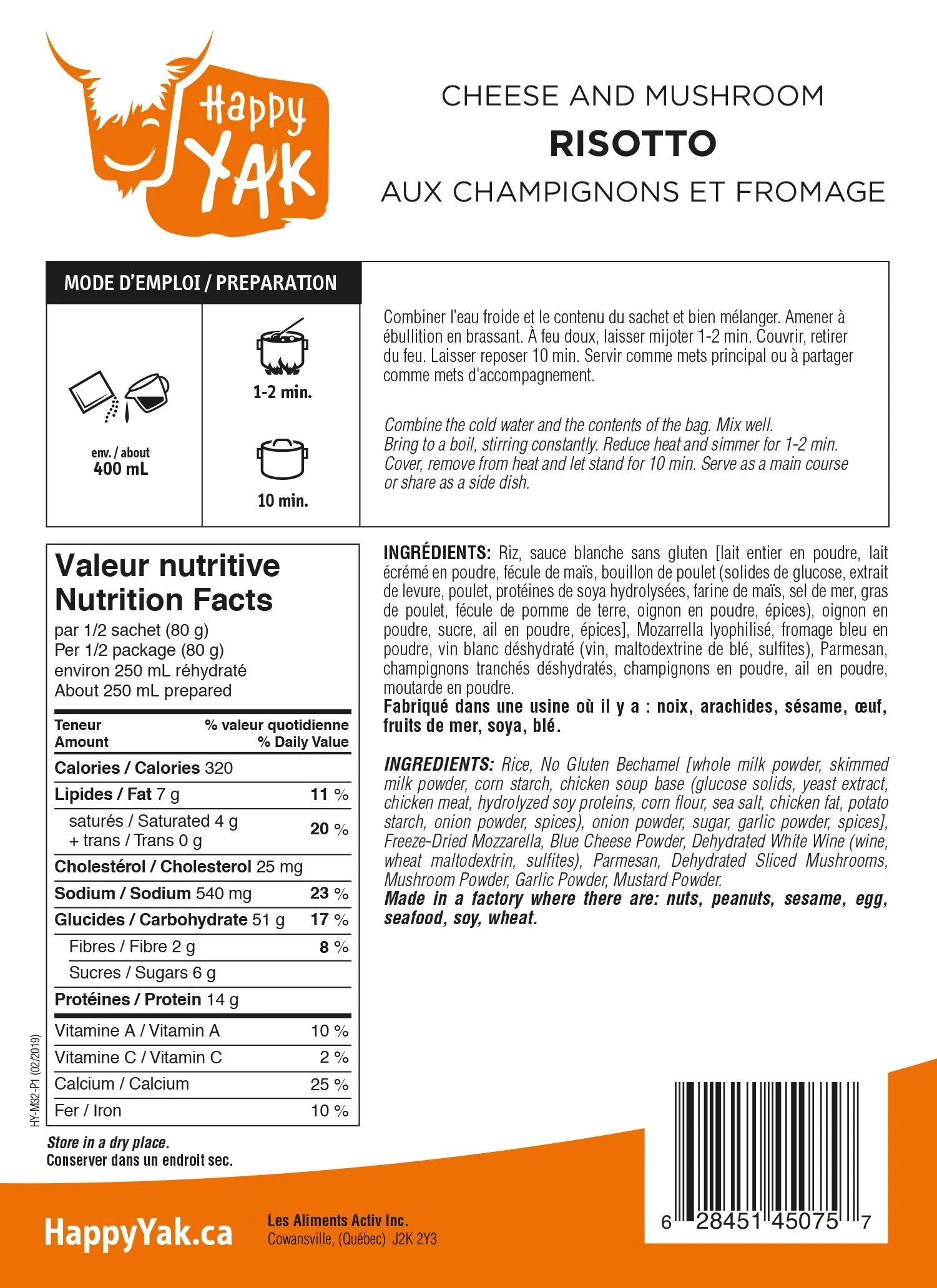 Happy Yak Risotto Aux Champignons Et Fromage ( - de 1% de gluten )