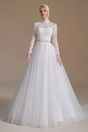 High Collar Lace Applique Long Sleeves Floor Length Wedding Dress | Ballbella Design