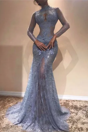 High Neck Long Sleevess Lace Appliques Mermaid Prom Dresses