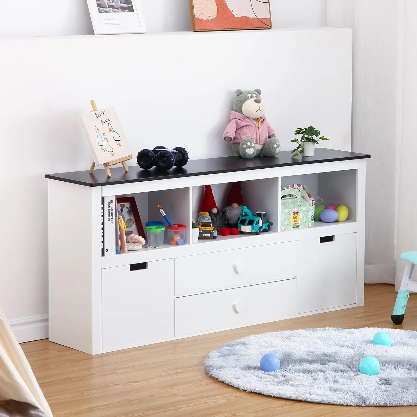 Kids Toy Storage Cabinet White Modern Contemporary MDF Natural