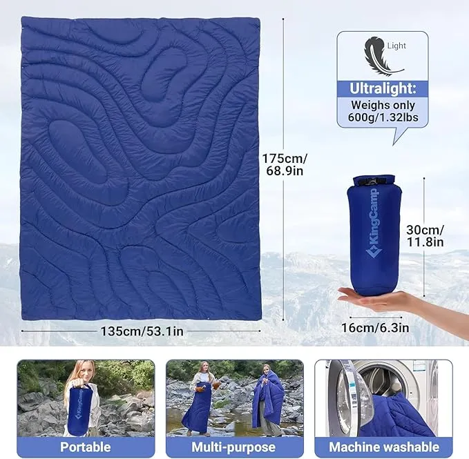 KingCamp Lightweight Camping Blanket - Stylish & Multifunctional Quilt with Snap Button, Portable for Travel, Airplane, Indoor & Outdoor - Provides Warmth - Navy