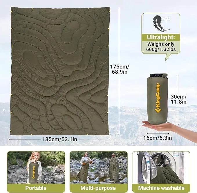 KingCamp Lightweight Camping Blanket - Stylish & Multifunctional Quilt with Snap Button, Portable for Travel, Airplane, Indoor & Outdoor - Provides Warmth - Olive