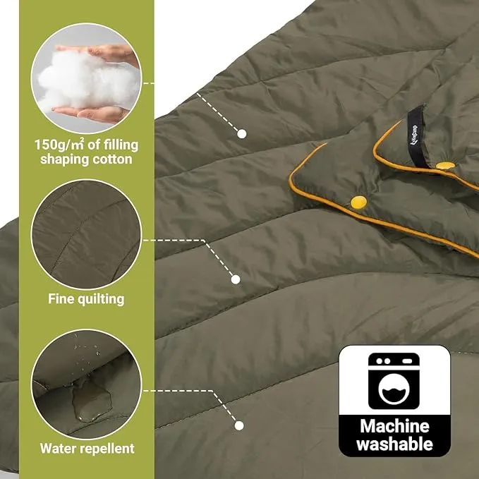 KingCamp Lightweight Camping Blanket - Stylish & Multifunctional Quilt with Snap Button, Portable for Travel, Airplane, Indoor & Outdoor - Provides Warmth - Olive