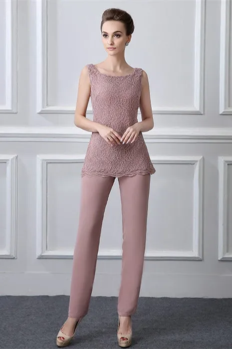 Lace chiffon  sleeveless bateau modest mother's dress