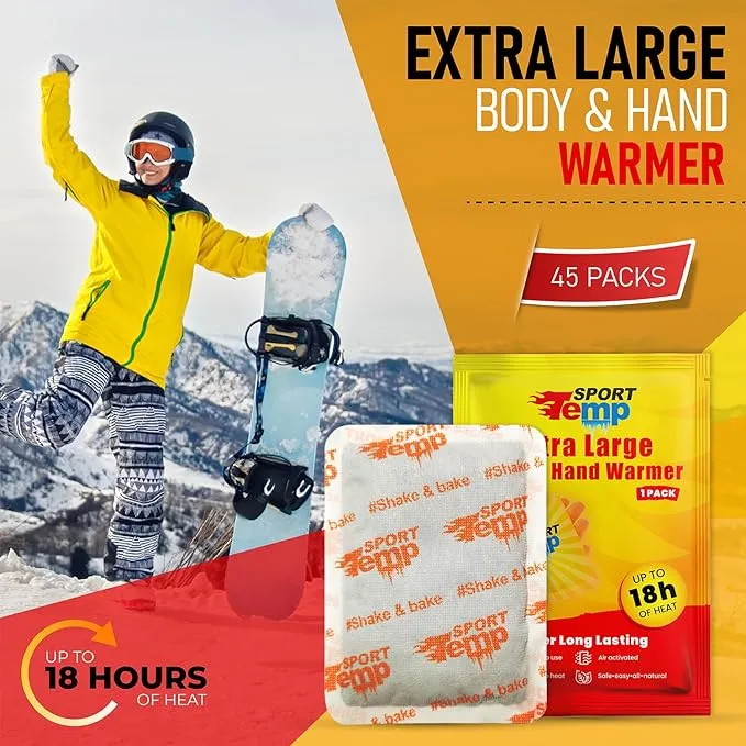 Large Hand & Body Warmers - Up to 18 Hours of Heat, Super Long Lasting - Easy, All Natural - Air Activated, for Body, Hands & Toes - Odorless Hot Hand Warmer - Sport Temp