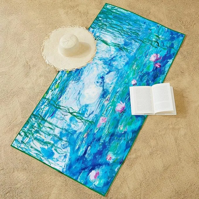 Large Oversized Microfiber Beach Towel - 40x63 Inches, Sand-Free, Quick-Drying, Ultra-Soft, Ideal for Travel, Pool, Yoga, and Camping - Includes Matching Drawstring Travel Pouch, Monet Nympheas