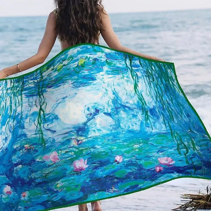 Large Oversized Microfiber Beach Towel - 40x63 Inches, Sand-Free, Quick-Drying, Ultra-Soft, Ideal for Travel, Pool, Yoga, and Camping - Includes Matching Drawstring Travel Pouch, Monet Nympheas