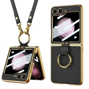 Leather Backpack Style Samsung Galaxy Z Flip5 Case with Shoulder Strap