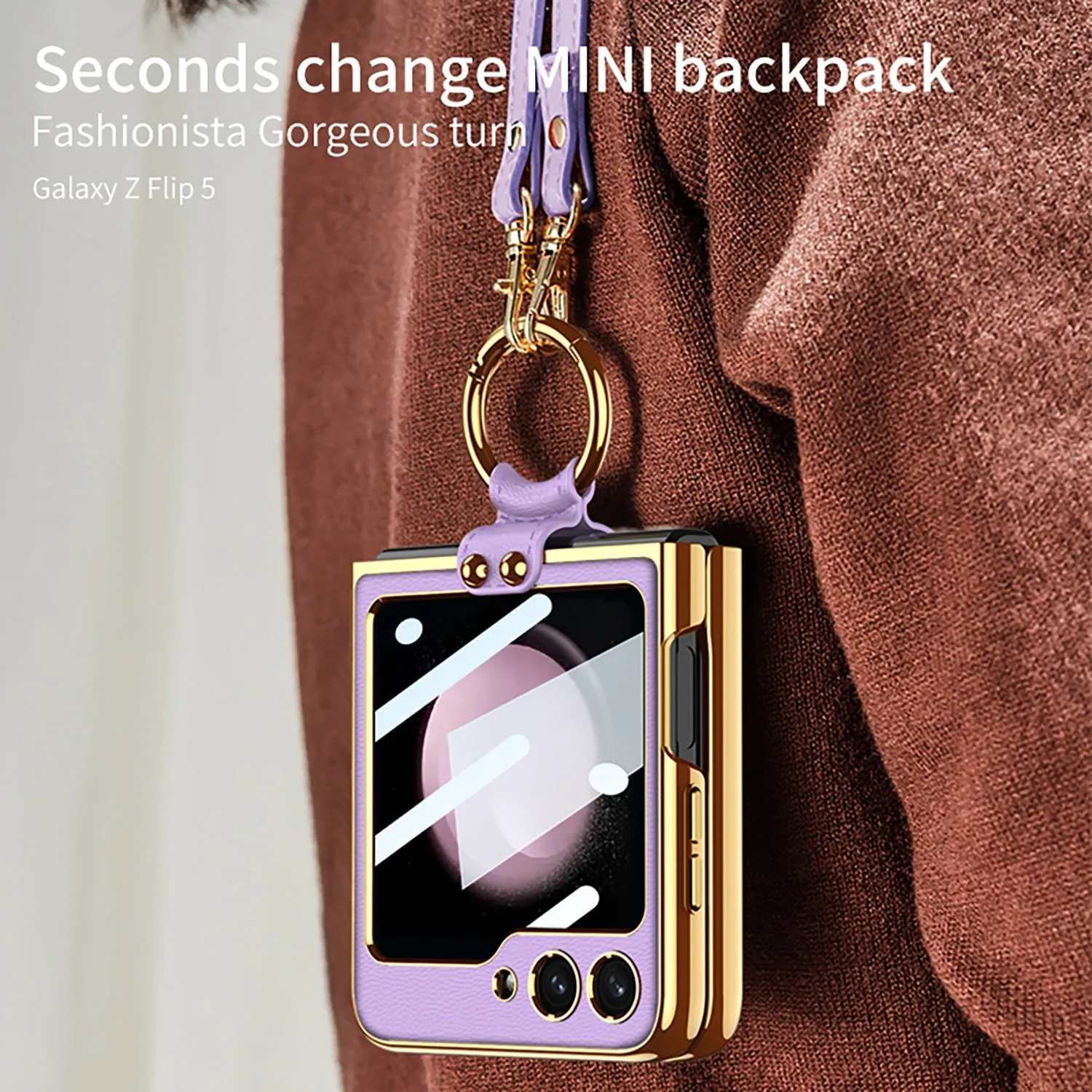 Leather Backpack Style Samsung Galaxy Z Flip5 Case with Shoulder Strap