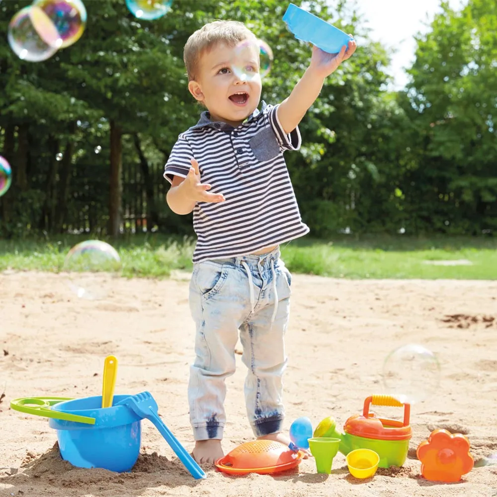 LENA Sandpit Toys Set including Bucket, Sieve, Rake, Moulds Etc - 10 Pieces