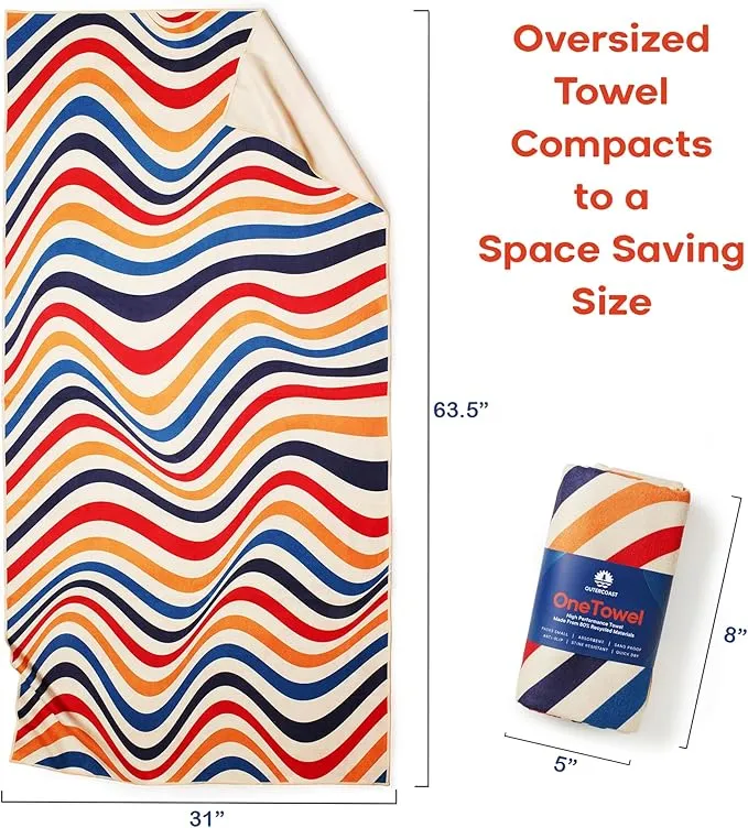 Luxe (380GSM) Oversized (180x60CM) Performance Microfiber Towel Made from Recycled Materials | Quick-Drying, Sand-Free, and Compact | Stink-Resistant | Ideal for Camping, Beach, Yoga (Waves)