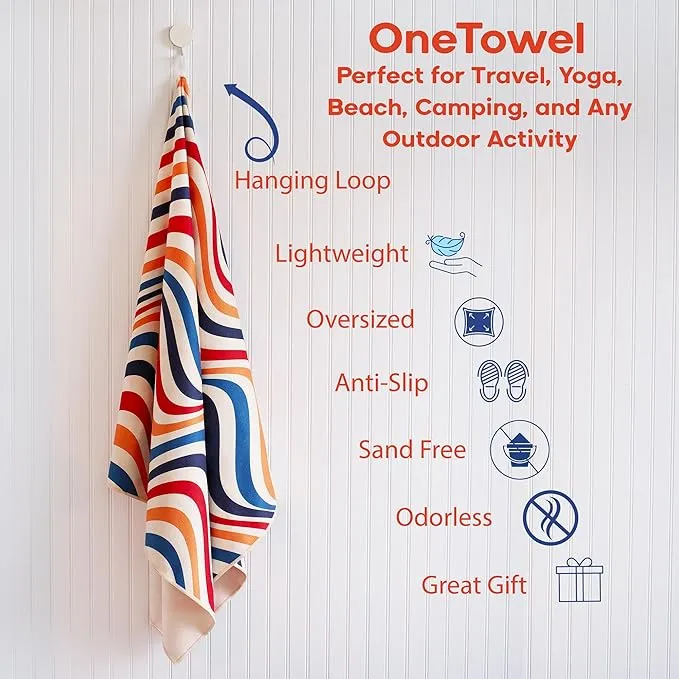 Luxe (380GSM) Oversized (180x60CM) Performance Microfiber Towel Made from Recycled Materials | Quick-Drying, Sand-Free, and Compact | Stink-Resistant | Ideal for Camping, Beach, Yoga (Waves)