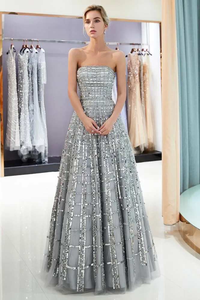 MARJORY A-line Floor Length Strapless Sequined Chiffon Party Dresses