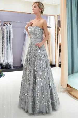 MARJORY A-line Floor Length Strapless Sequined Chiffon Party Dresses