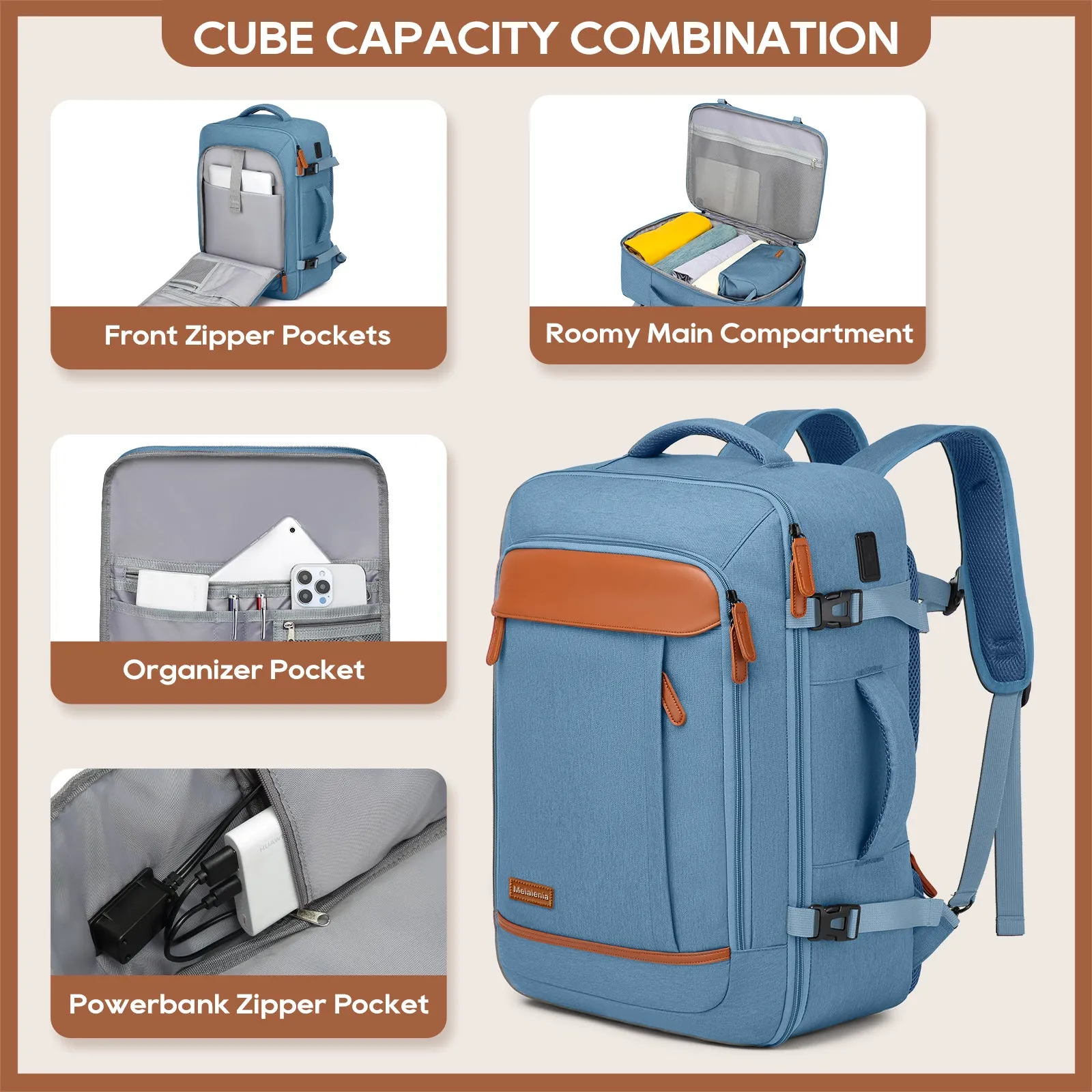 Melalenia 2PCS Waterproof Airline Aprroved Carry-on Travel Backpack with Toiletry Bag USB Port Comfortable