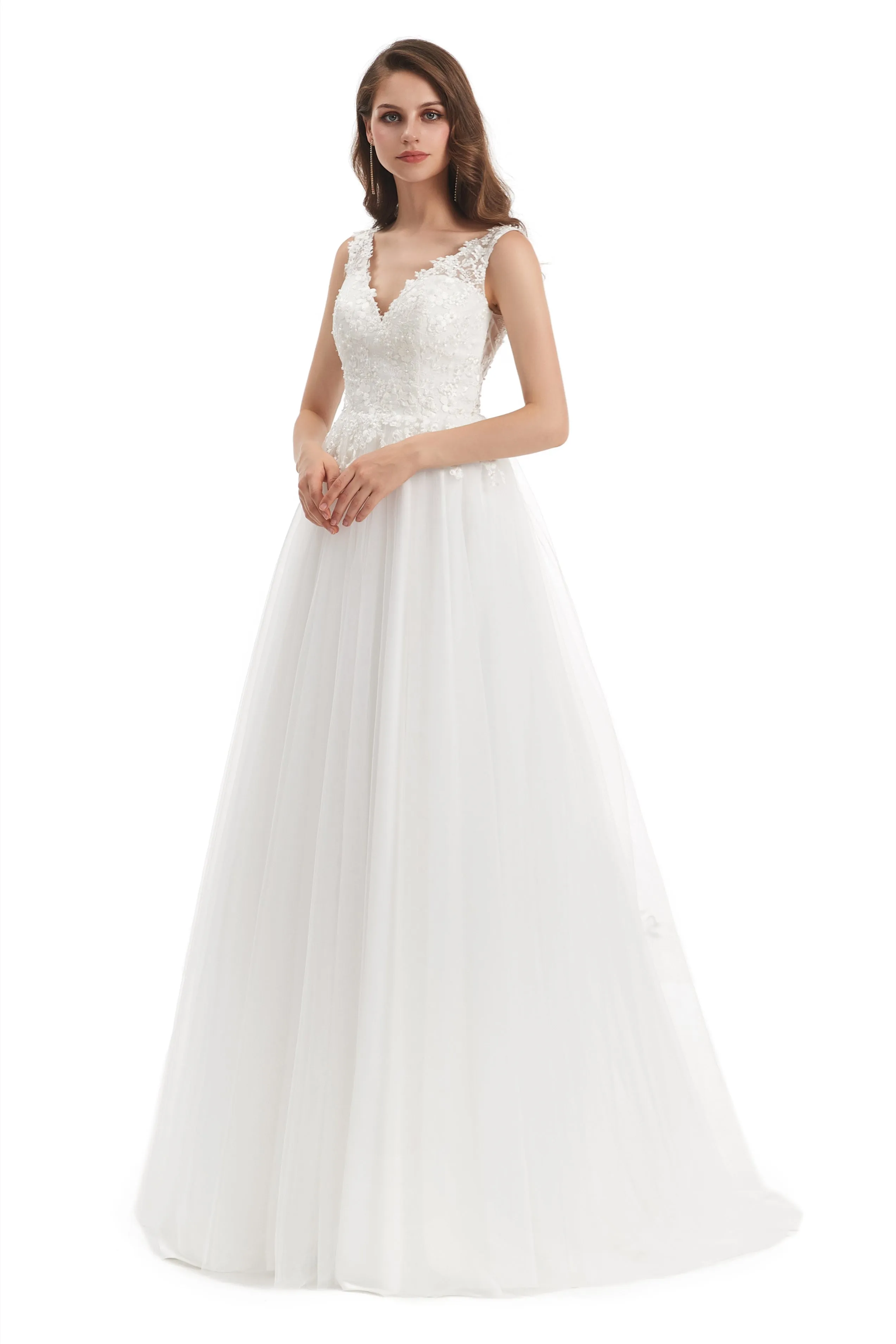 Mermaid V-neck Floor-length Sleeveless Backless Appliques Lace Wedding Dress