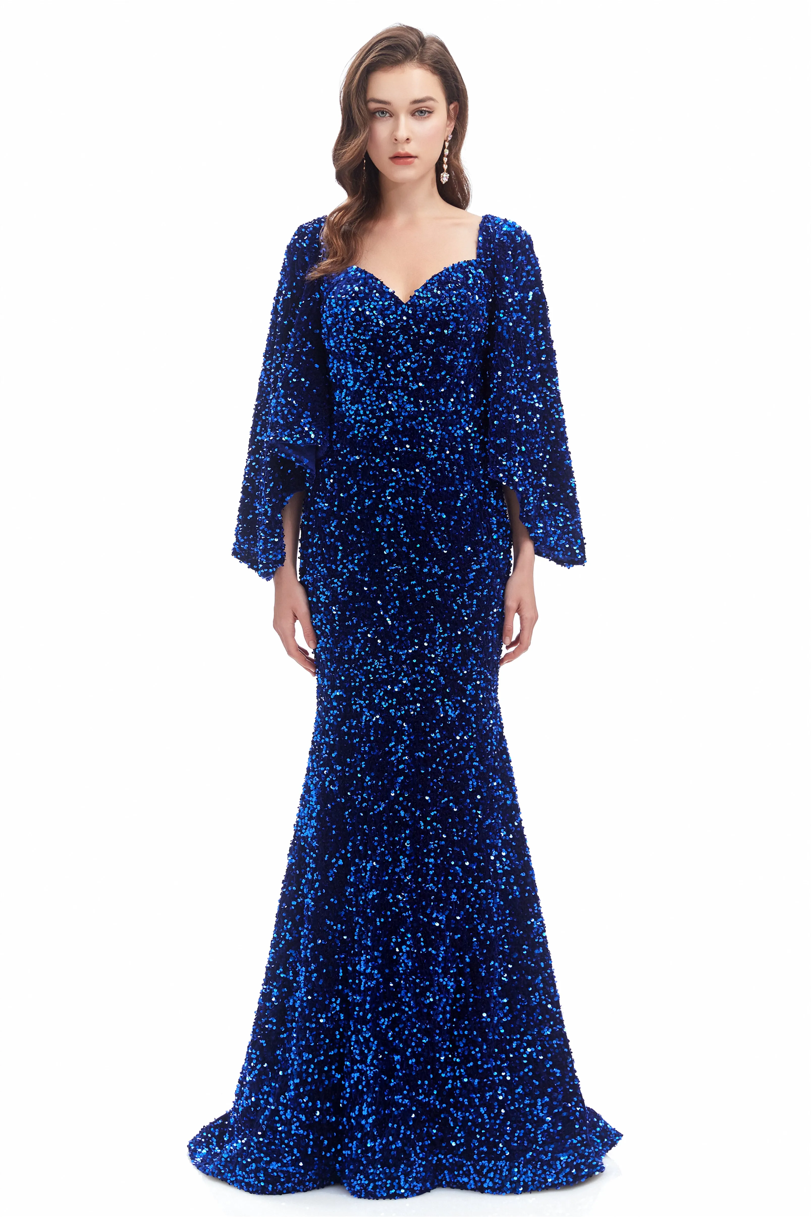 Mermaid V-neck Sequined Floor-length Long Sleeve Prom Dress