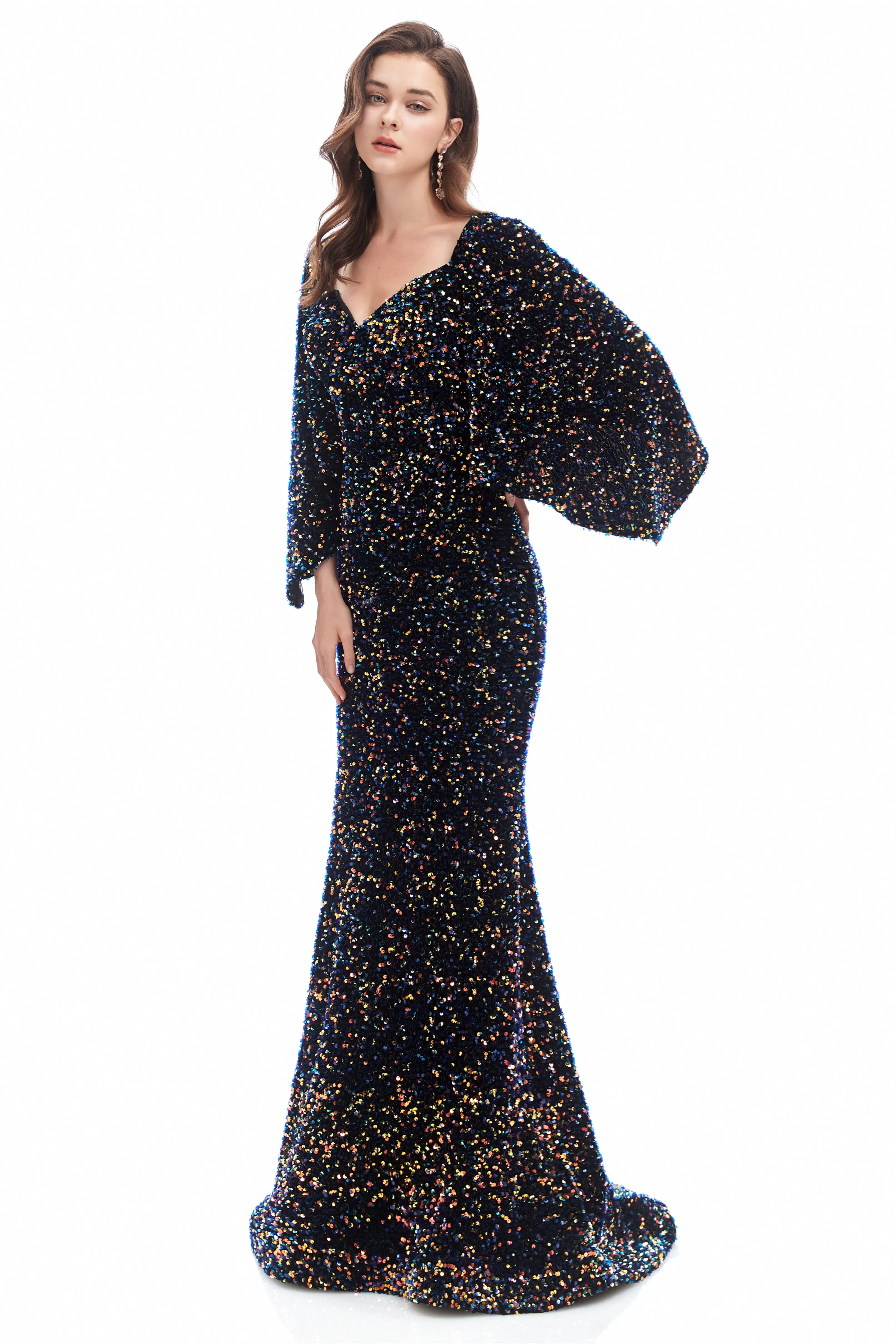 Mermaid V-neck Sequined Floor-length Long Sleeve Prom Dress
