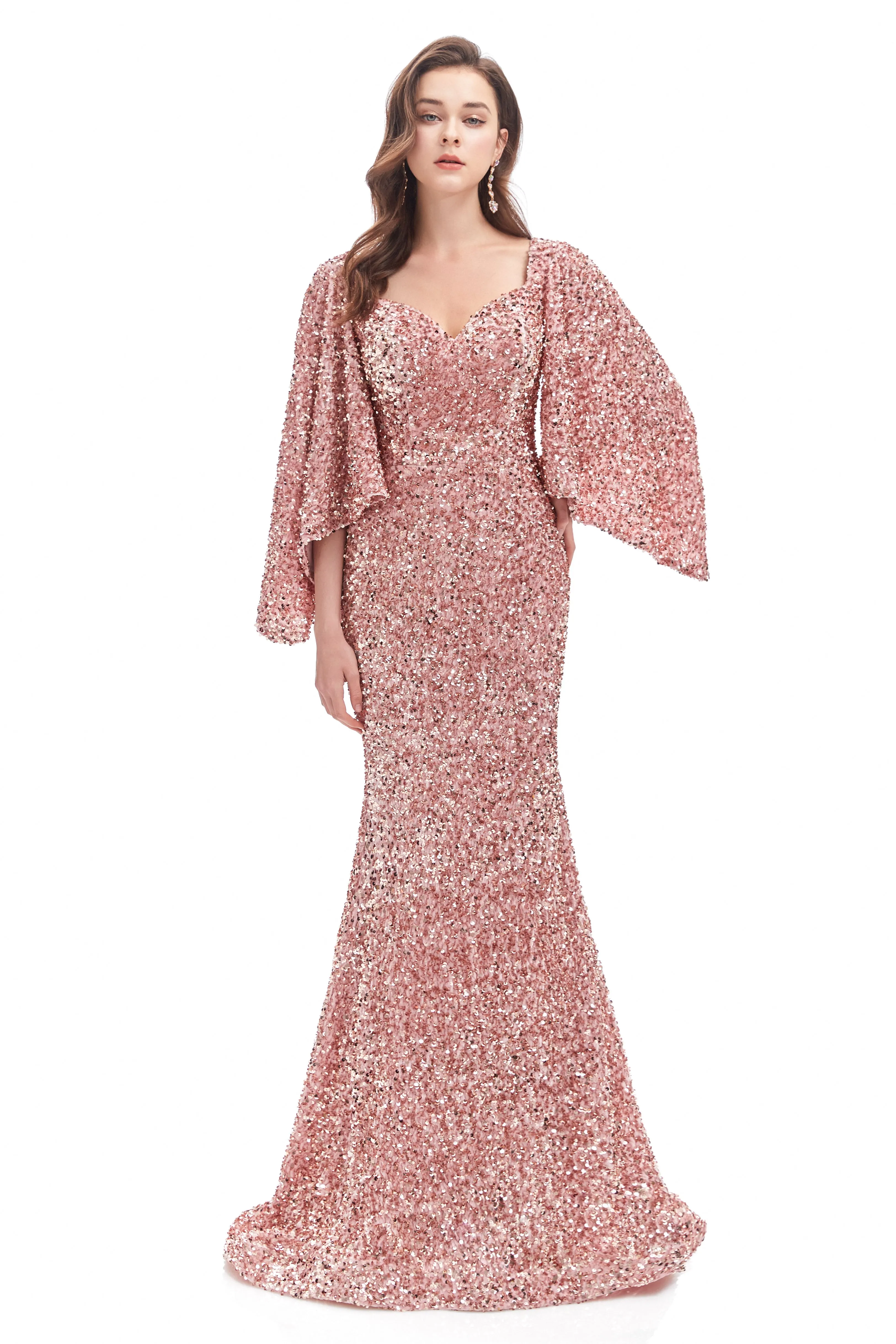 Mermaid V-neck Sequined Floor-length Long Sleeve Prom Dress