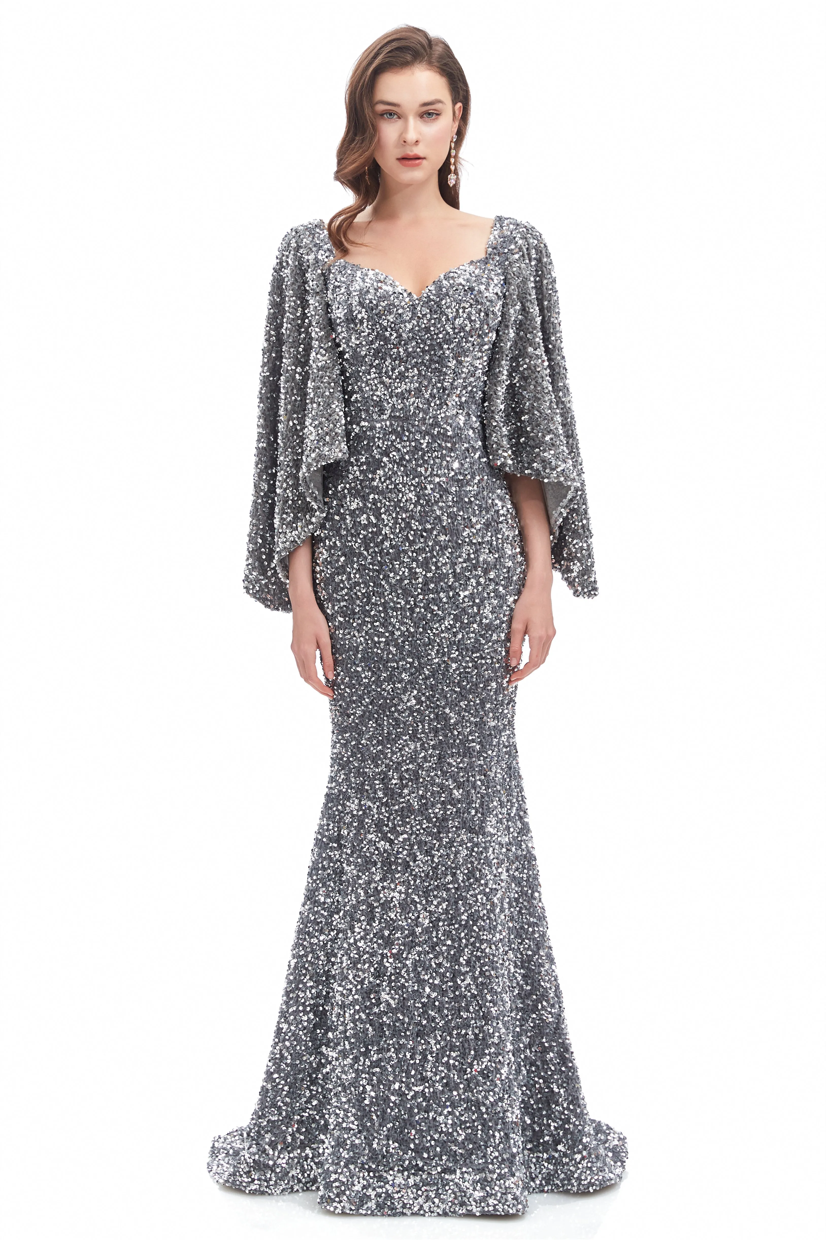 Mermaid V-neck Sequined Floor-length Long Sleeve Prom Dress