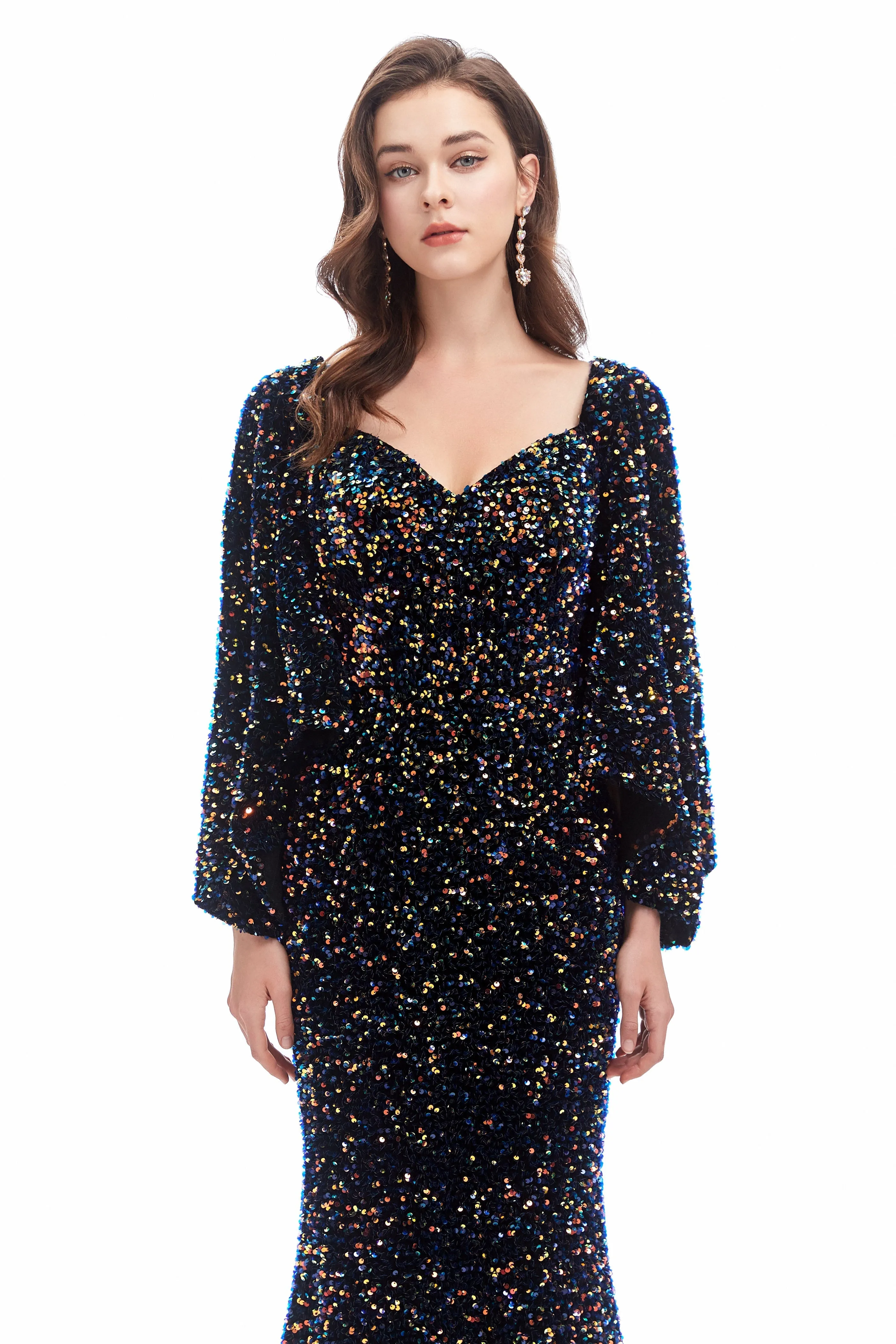 Mermaid V-neck Sequined Floor-length Long Sleeve Prom Dress