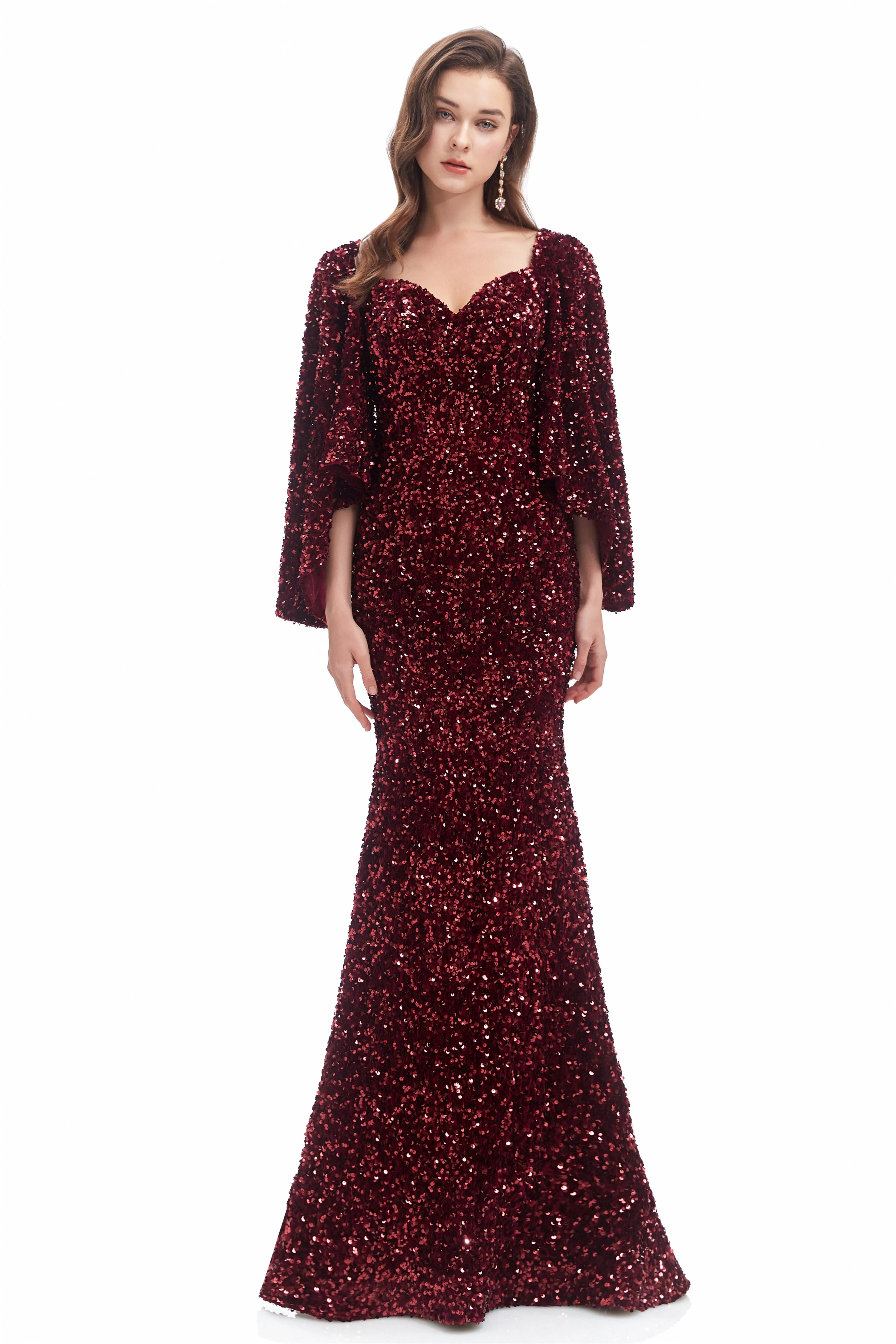 Mermaid V-neck Sequined Floor-length Long Sleeve Prom Dress