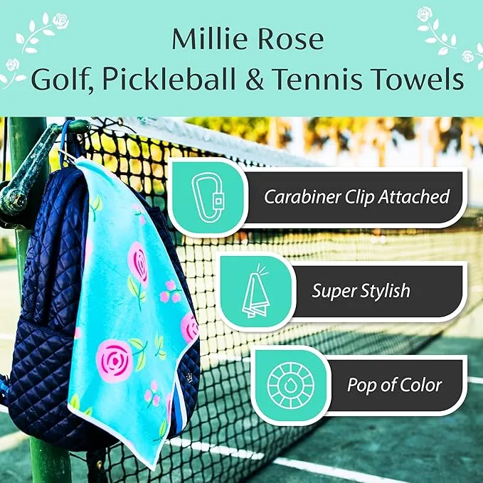 Millie Rose Pickleball Towels in Fashionable Prints - Cute 15x17 inch Microfiber & Cotton Athletic Towels with Carabiner Clip - Pickleball Accessories, Pickleball Gifts (Pickleball is Life)