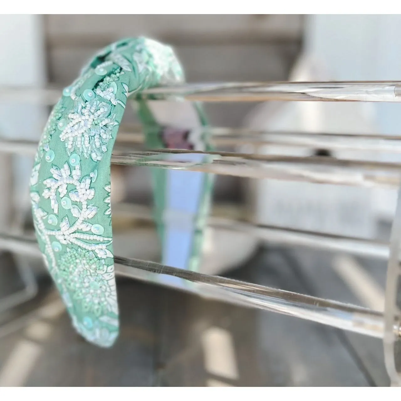 Mint Toile Top Knot Seed Beaded Headbands S