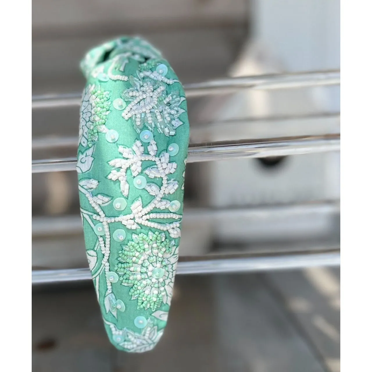 Mint Toile Top Knot Seed Beaded Headbands S