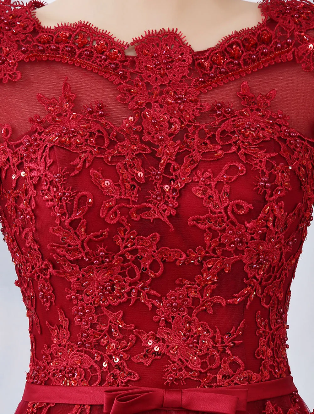 Modern Burgundy Evening Dresses Long Sleeve Lace Applique Beaded Formal Gown With Train