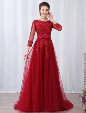 Modern Burgundy Evening Dresses Long Sleeve Lace Applique Beaded Formal Gown With Train
