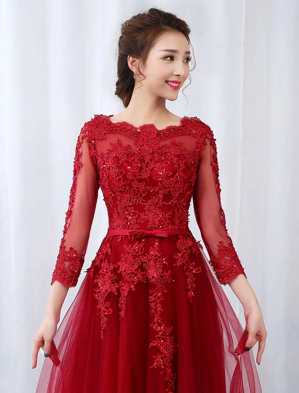 Modern Burgundy Evening Dresses Long Sleeve Lace Applique Beaded Formal Gown With Train