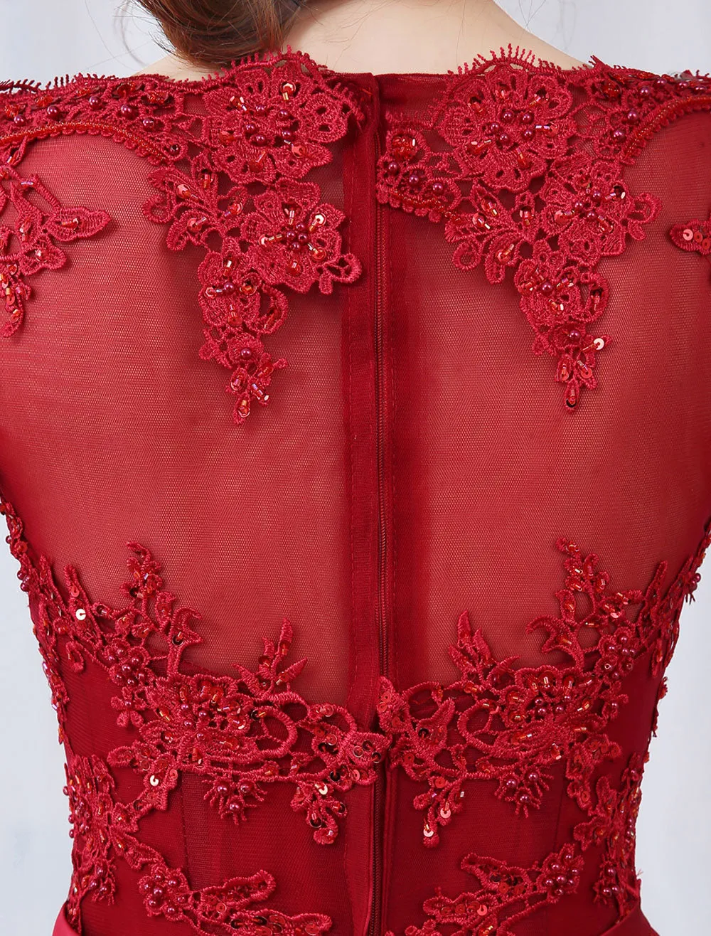 Modern Burgundy Evening Dresses Long Sleeve Lace Applique Beaded Formal Gown With Train