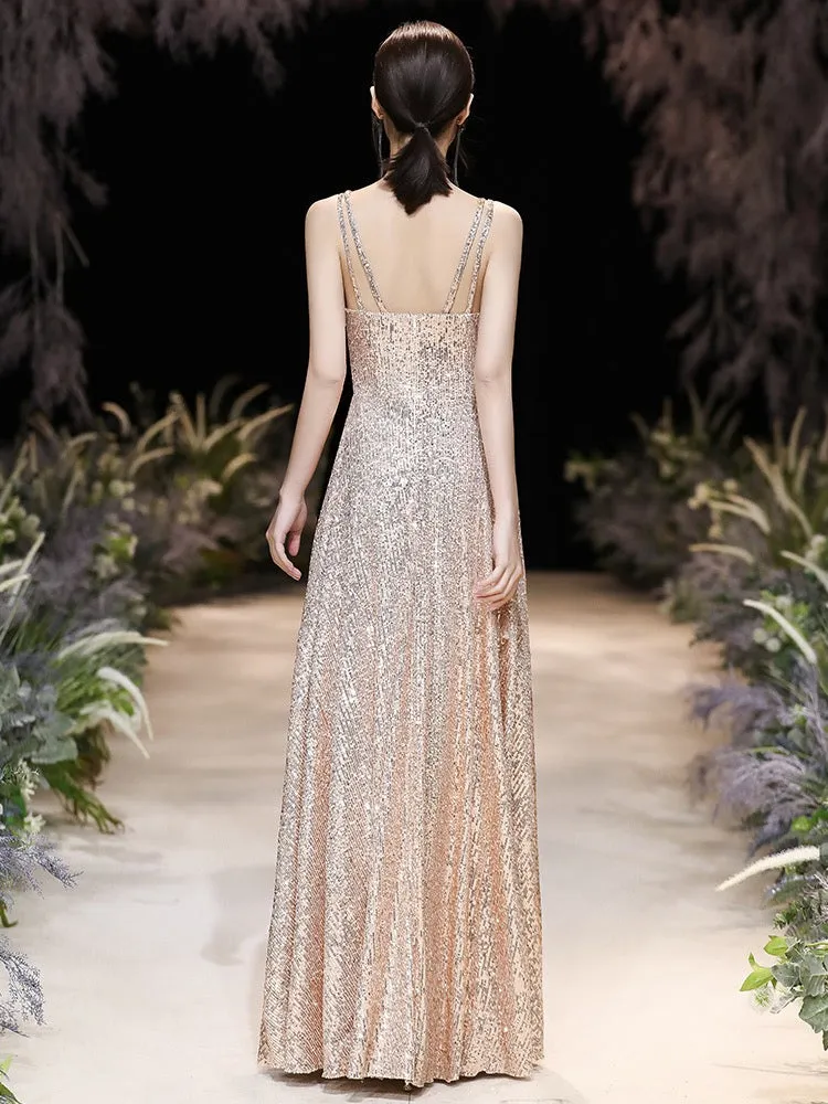 Modern Evening Dress A-Line Jewel Neck Floor-Length Sleeveless Zipper Sequined evening dress