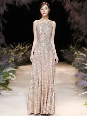Modern Evening Dress A-Line Jewel Neck Floor-Length Sleeveless Zipper Sequined evening dress