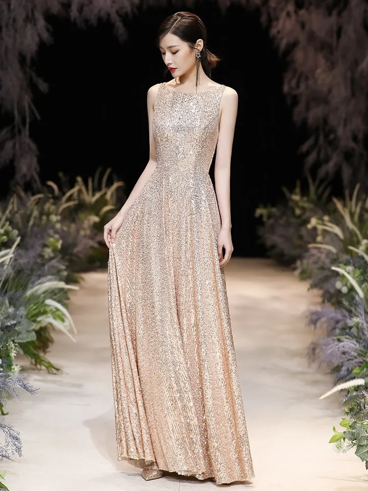 Modern Evening Dress A-Line Jewel Neck Floor-Length Sleeveless Zipper Sequined evening dress