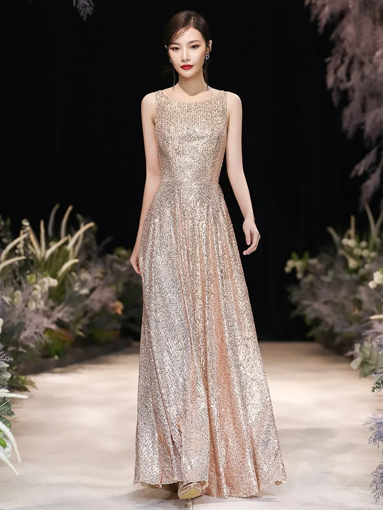 Modern Evening Dress A-Line Jewel Neck Floor-Length Sleeveless Zipper Sequined evening dress