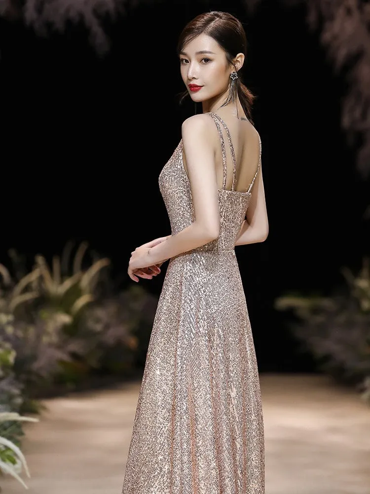Modern Evening Dress A-Line Jewel Neck Floor-Length Sleeveless Zipper Sequined evening dress