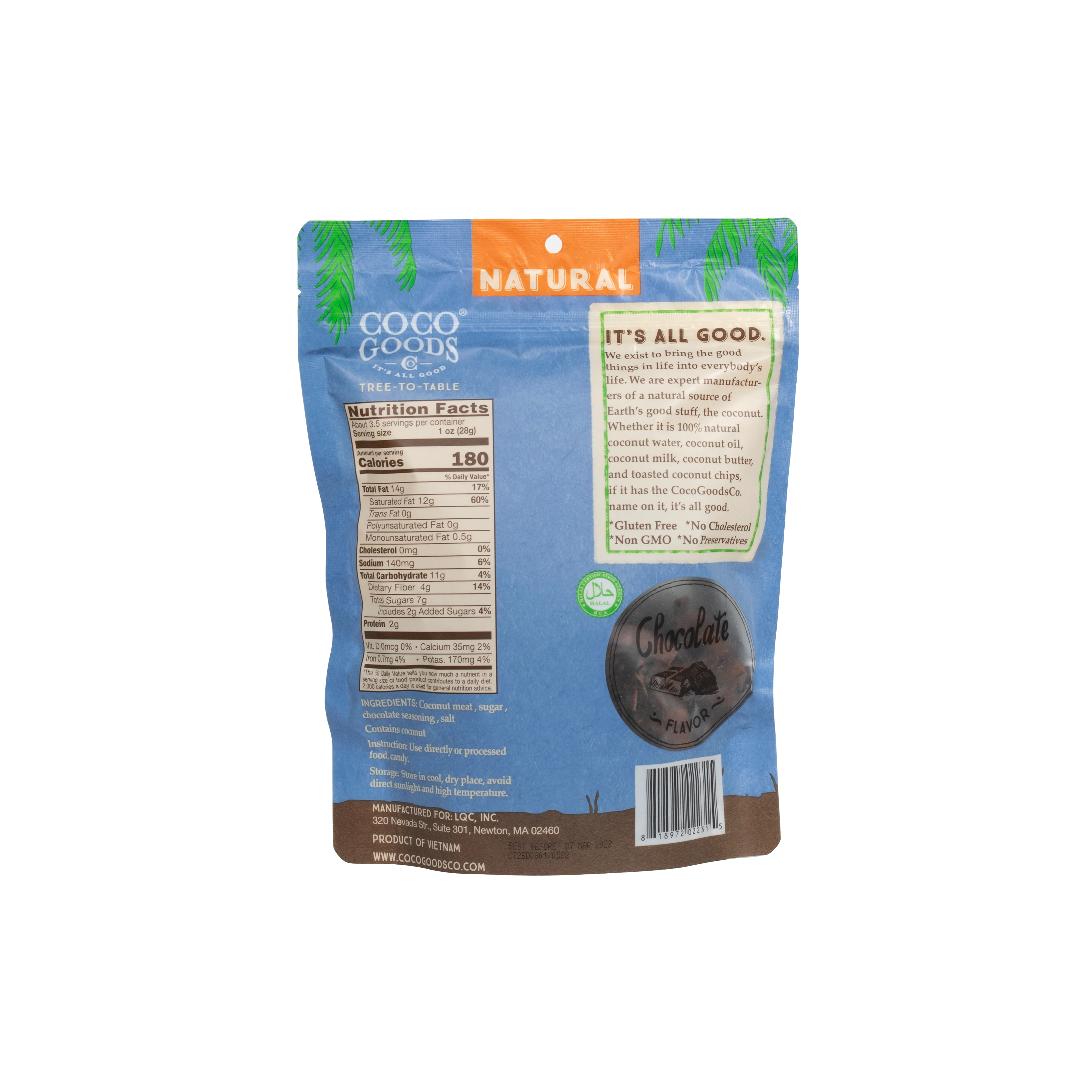 Natural Toasted Coconut Chips, Chocolate 3.5 oz Zip Lock Bag